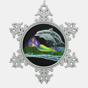 Ornement Flocon De Neige Sirène avec dauphins