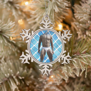 Ornement Flocon De Neige SlipperyJoe's homme musclé six-pack abs blanc sous