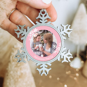 Ornement Flocon De Neige Snowflakes en détresse Pink Photo Monogramme