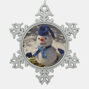 Ornement Flocon De Neige Snowman avec casquette bleu, gants et écharpe