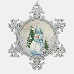 Ornement Flocon De Neige "Snowman en chute de neige" avec lapin et arbres