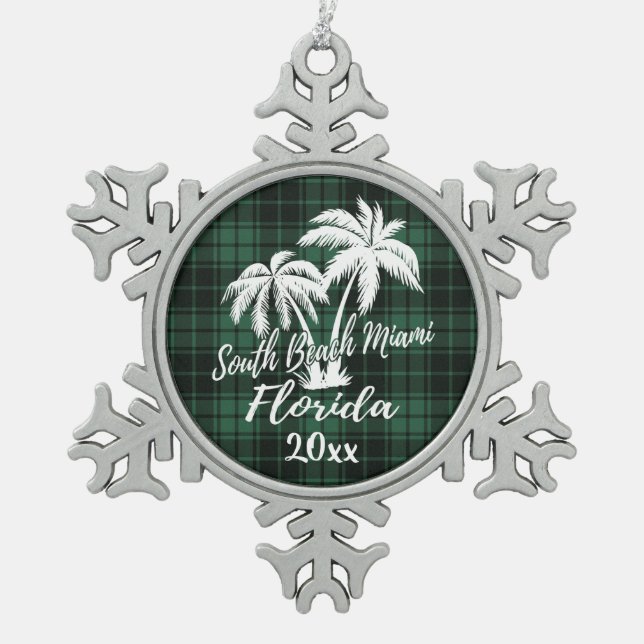 Ornement Flocon De Neige South Miami Beach Floride Palm Green Plaid (Devant)