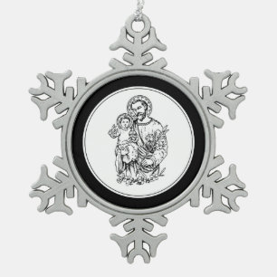 Ornement Flocon De Neige St Joseph Priez pour nous Noir, Blanc, Catholique