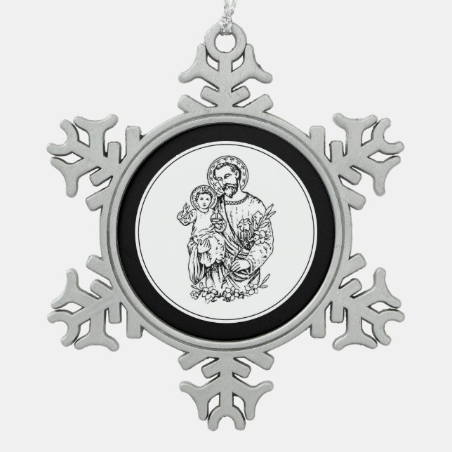 Ornement Flocon De Neige St Joseph Priez pour nous Noir, Blanc, Catholique (Devant)