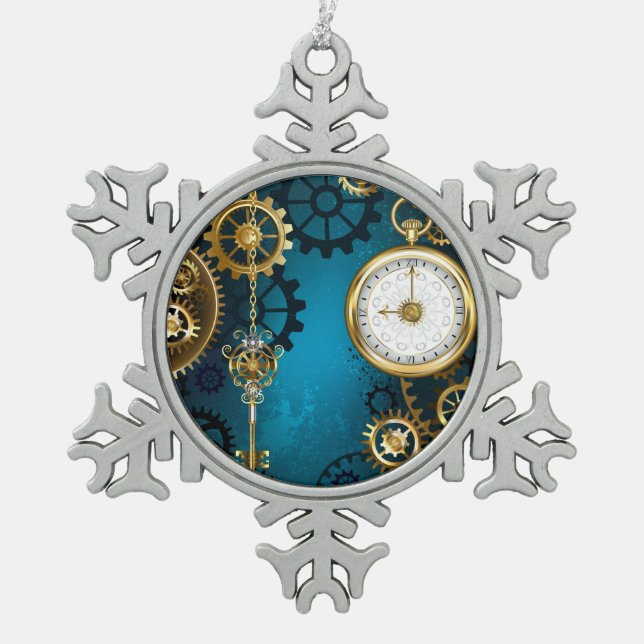 Ornement Flocon De Neige Steampunk Arrière - plan turquoise avec Gears (Devant)