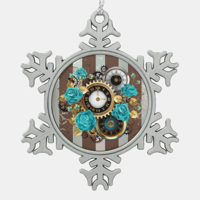 Ornement Flocon De Neige Steampunk Clock and Turquoise Roses on Striped (Devant)