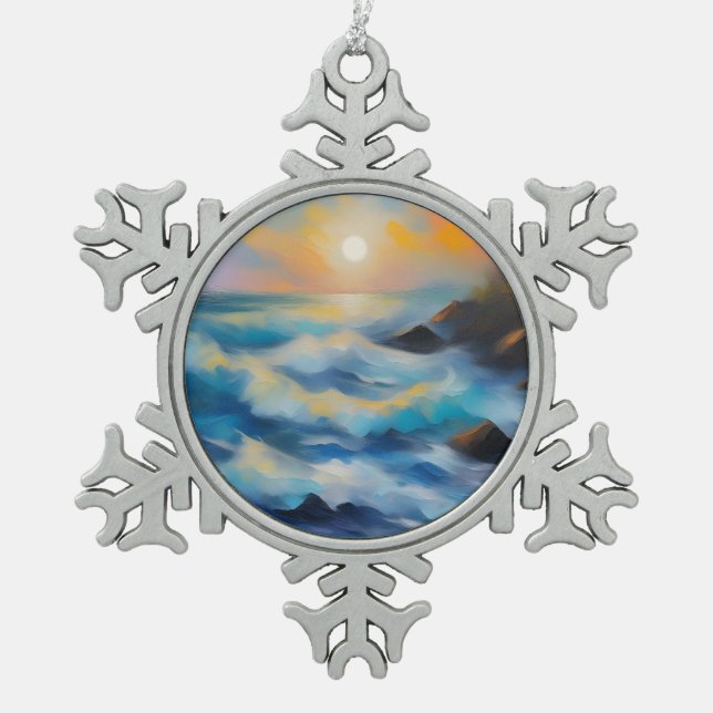Ornement Flocon De Neige Tableau des vagues bleu clair sous le soleil (Devant)
