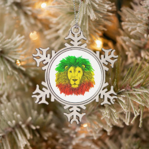 Ornement Flocon De Neige Tête de lion rasta rouge jaune vert dessin Jamaïqu