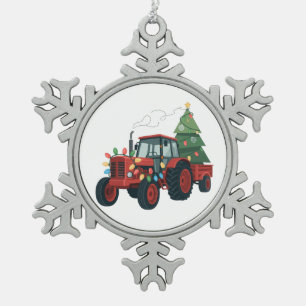 Ornement Flocon De Neige Tracteur avec remorque Santa ferme agriculteur Noë