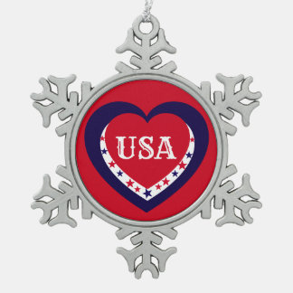 Ornement Flocon De Neige USA Patriotique Rouge Blanc Bleu Cœur Festif