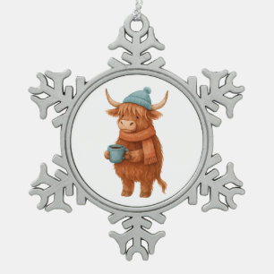 Ornement Flocon De Neige Vache Highland mignonne avec café - Hiver cosy