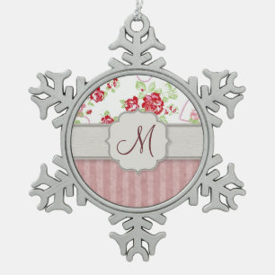 Ornement Flocon De Neige Valentines - Coeurs, Roses et rayures avec Monogra