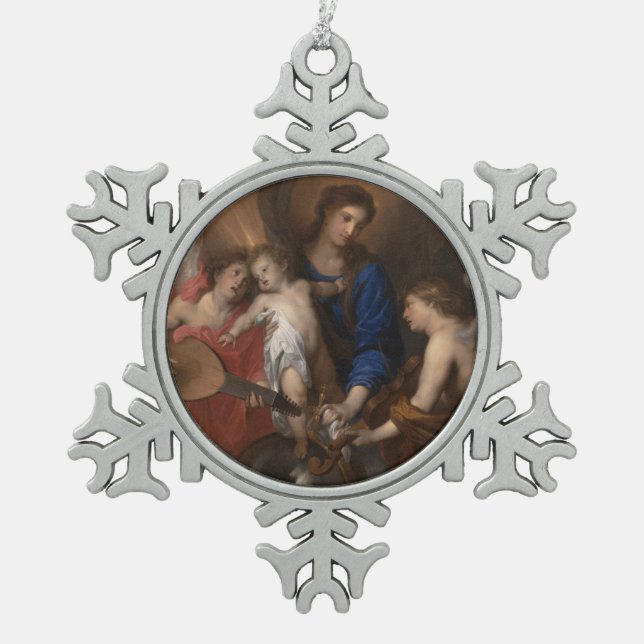 Ornement Flocon De Neige Vierge et enfant avec la musique faisant des anges (Devant)