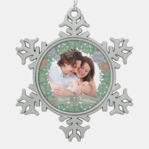 Ornement Flocon De Neige Vintage Christmas Wreath Photo personnalisée