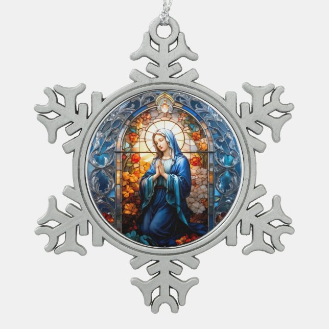 Ornement Flocon De Neige Vitrail de Vierge Marie catholique chrétienne (Devant)