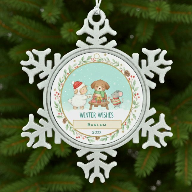 Ornement Flocon De Neige Vœux d'hiver (Winter Wishes Snowflake Pewter Christmas Ornament)