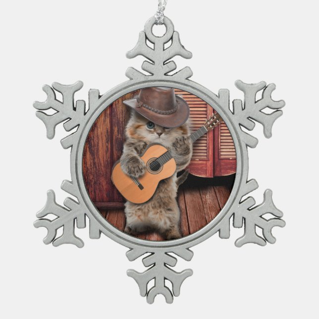 Ornement Flocon De Neige Western Cat cowboy musicien avec guitare (Devant)