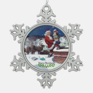 Ornement Flocon De Neige Wyeth - Père Noël Livrant des livres pour Noël.