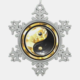 Ornement Flocon De Neige Yin Yang or sur noir