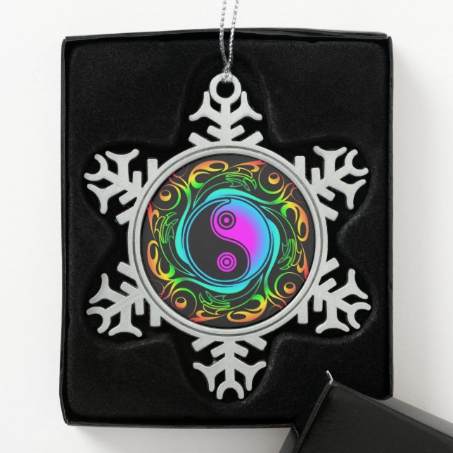 Ornement Flocon De Neige Yin Yang Psychedelic Rainbow Tattoo (Boîte)