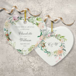 Ornement floral Mariage Anniversaire<br><div class="desc">Doté d'une délicate guirlande florale d'aquarelle,  cet ornement chic mariage ou gardien d'anniversaire peut être personnalisé avec votre message spécial d'anniversaire,  les noms et la date. Le verso est composé d'une guirlande fleurie assortie encadrant d'élégantes initiales monographiques. Conçu par Thisisnotme©</div>