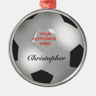 Ornement Métallique Argent balle de soccer personnalisable cadre photo