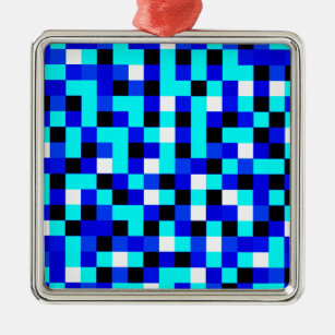 Ornement Métallique Art Pixel À damiers au hasard - Bleu et Blanc