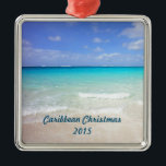 Ornement Métallique Azure Blue Caribbean Tropical Beach Christmas<br><div class="desc">Personalize this caribbean christmas ornament to commemorate your christmas in the caribbean. A white sandy beach with gentle waves and a vivid ocean view of crystal clear turquoise waters. Bright blue sky and soft fluffy clouds overlook this dreamy tropical caribbean vacation spot. Tranquil and secluded, the perfect spot to relax...</div>