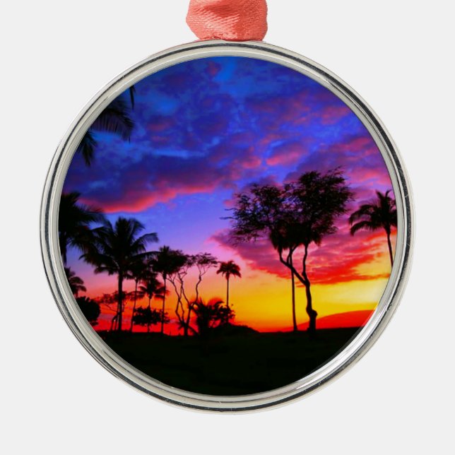Ornement Métallique Blue Red Sunset Exotic Hawaiian Beach Palm Trees (Devant)