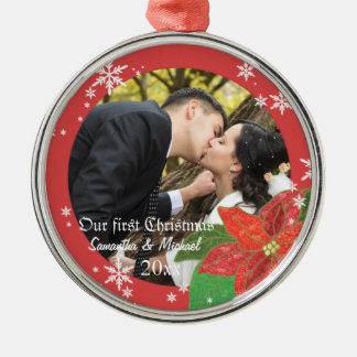Ornement Métallique Cadeau de Noël du couple de mariage de poinsettia