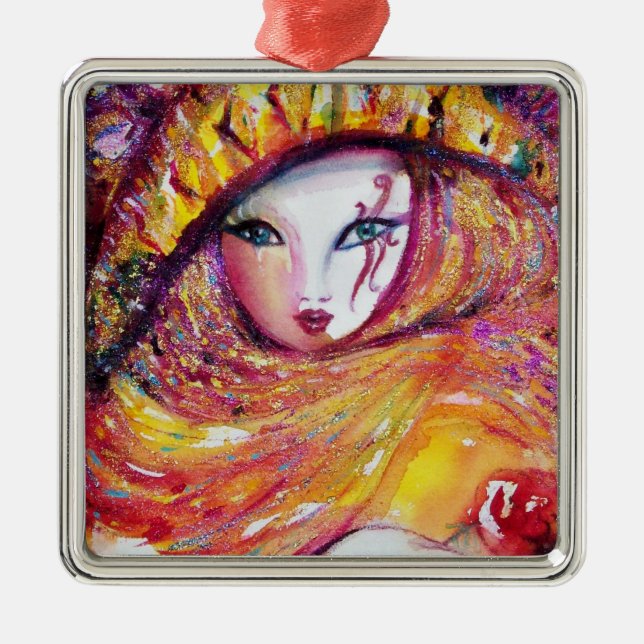 ORNEMENT MÉTALLIQUE CARNAVAL EN JAUNE D'OR AVEC ROSE ROUGE (Devant)