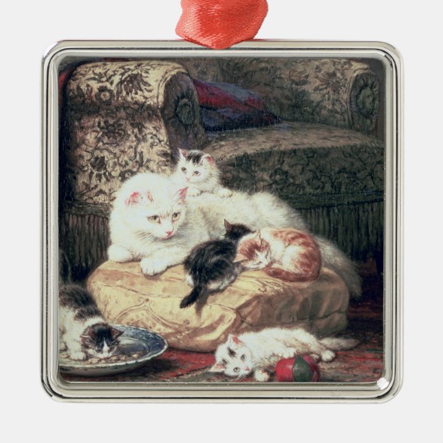 Ornement Métallique Chat avec ses chatons sur un coussin (Devant)