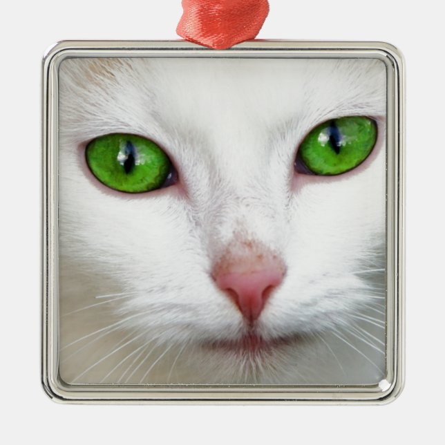 Ornement Métallique Chat blanc à l'oeil vert (Devant)