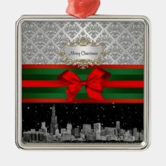 Ornement Métallique Chicago Skyline Argent Blanc Damassé #3 Nœud Xmas