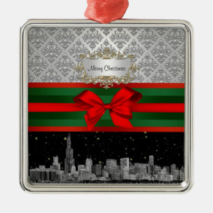 Ornement Métallique Chicago Skyline Silver White Damask #3 Bow Xmas