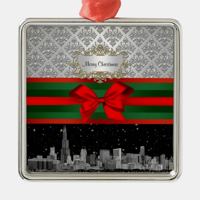 Ornement Métallique Chicago Skyline Silver White Damask #3 Bow Xmas (Devant)