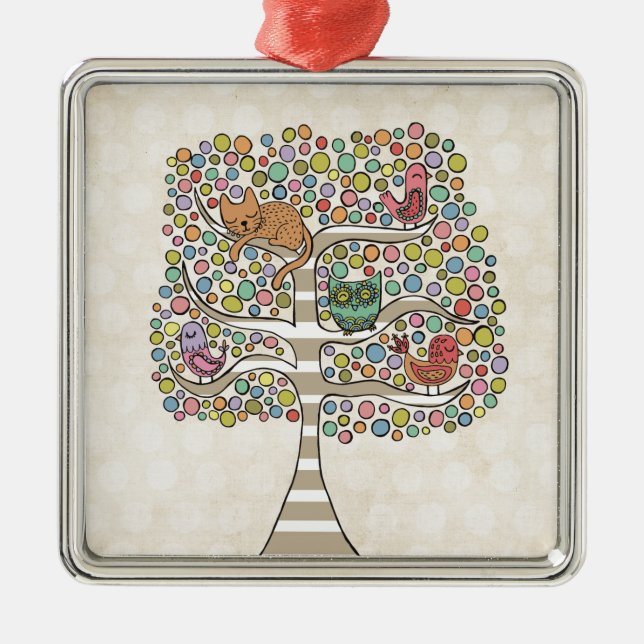 Ornement Métallique Chouette chatte et oiseaux dans un arbre Illustrat (Devant)