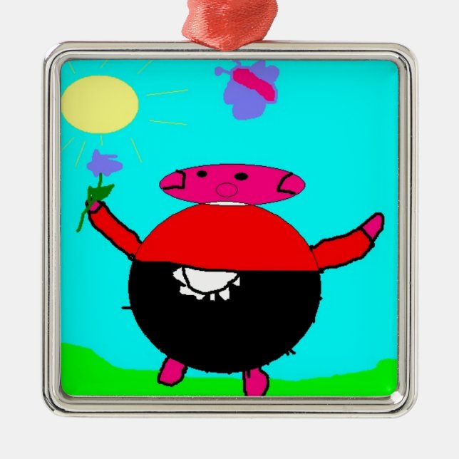 Ornement Métallique cochon avec fleur & papillon au soleil, art par en (Devant)