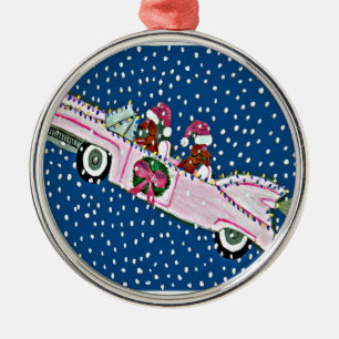Ornement Métallique Dachshund Santas Noël Cadillac Rose