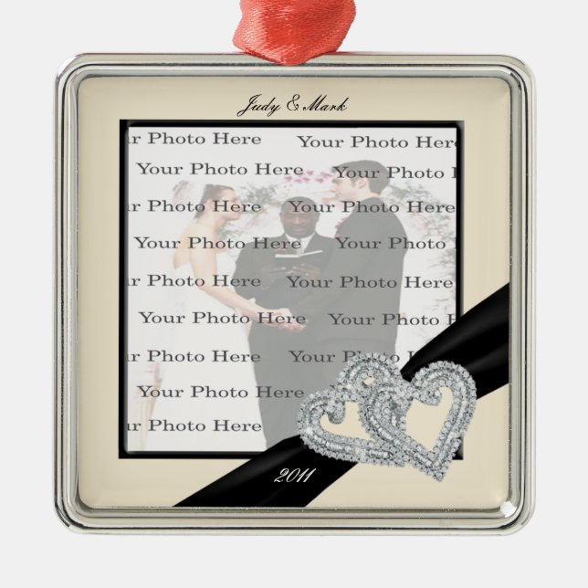 Ornement Métallique Élégant ruban noir diamant SilverSquare Ornament (Devant)