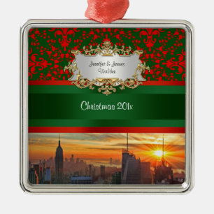 Ornement Métallique Empire St Bldg Sunset NYC Rouge Vert Damas Xmas