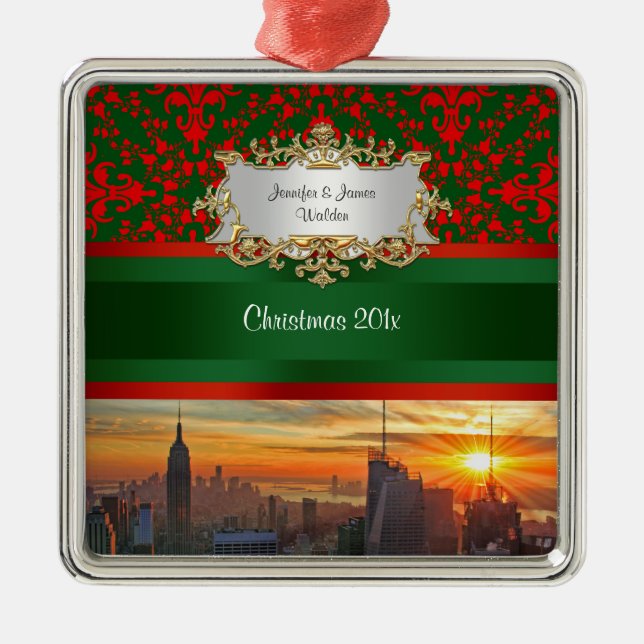 Ornement Métallique Empire St Bldg Sunset NYC Rouge Vert Damas Xmas (Devant)