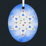 Ornement Métallique Étoile de Hanoukka et flocons de neige bleus<br><div class="desc">Ornement suspendu avec mon design original pour Hanoukka de l'étoile de David avec de petits flocons de neige colorés sur un fond bleu et blanc à l'aspect givré.</div>