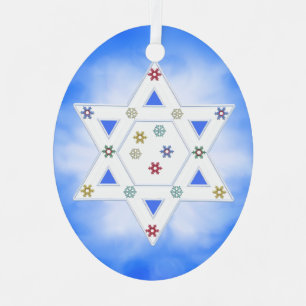 Ornement Métallique Étoile de Hanoukka et flocons de neige bleus