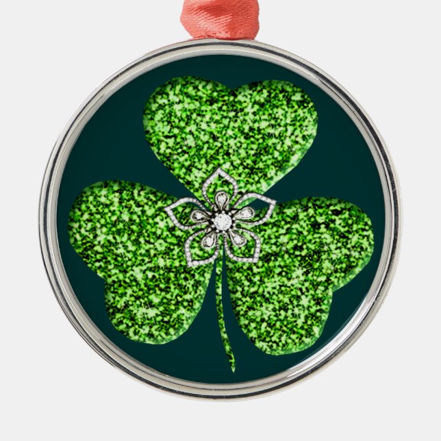 Ornement Métallique Glitter Shamrock And Flower Round Ornament (Devant)