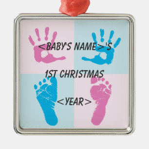 Ornement Métallique Imprimer les mains et les pieds 1er Noël du bébé