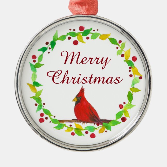Ornement Métallique Joyeux Noël Rouge Cardinal Aquarelle (Devant)