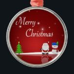 Ornement Métallique Joyeux Noël Snowman et Père Noël<br><div class="desc">Une jolie illustration de Noël mettant en vedette un bonhomme de neige, le Père Noël, un sapin de Noël, de la neige et des étoiles sur un arrière - plan rouge.</div>