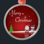 Ornement Métallique Joyeux Noël Snowman et Père Noël<br><div class="desc">Une jolie illustration de Noël mettant en vedette un bonhomme de neige,  le Père Noël,  un sapin de Noël,  de la neige et des étoiles sur un arrière - plan rouge.</div>