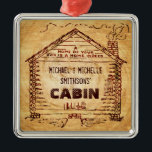 Ornement Métallique Log Cabine Personnalisé Faux Wood<br><div class="desc">Ce design cabine rustique et personnalisé a un look tourbillon et imitation bois qui devient plus clair au milieu. À l'intérieur du dessin cabine à l'ancienne - dérivé d'une publicité vintage du début des années 1900 - vous pouvez ajouter votre nom. Le mot "CABINE" peut aussi être remplacé par "HOME"...</div>